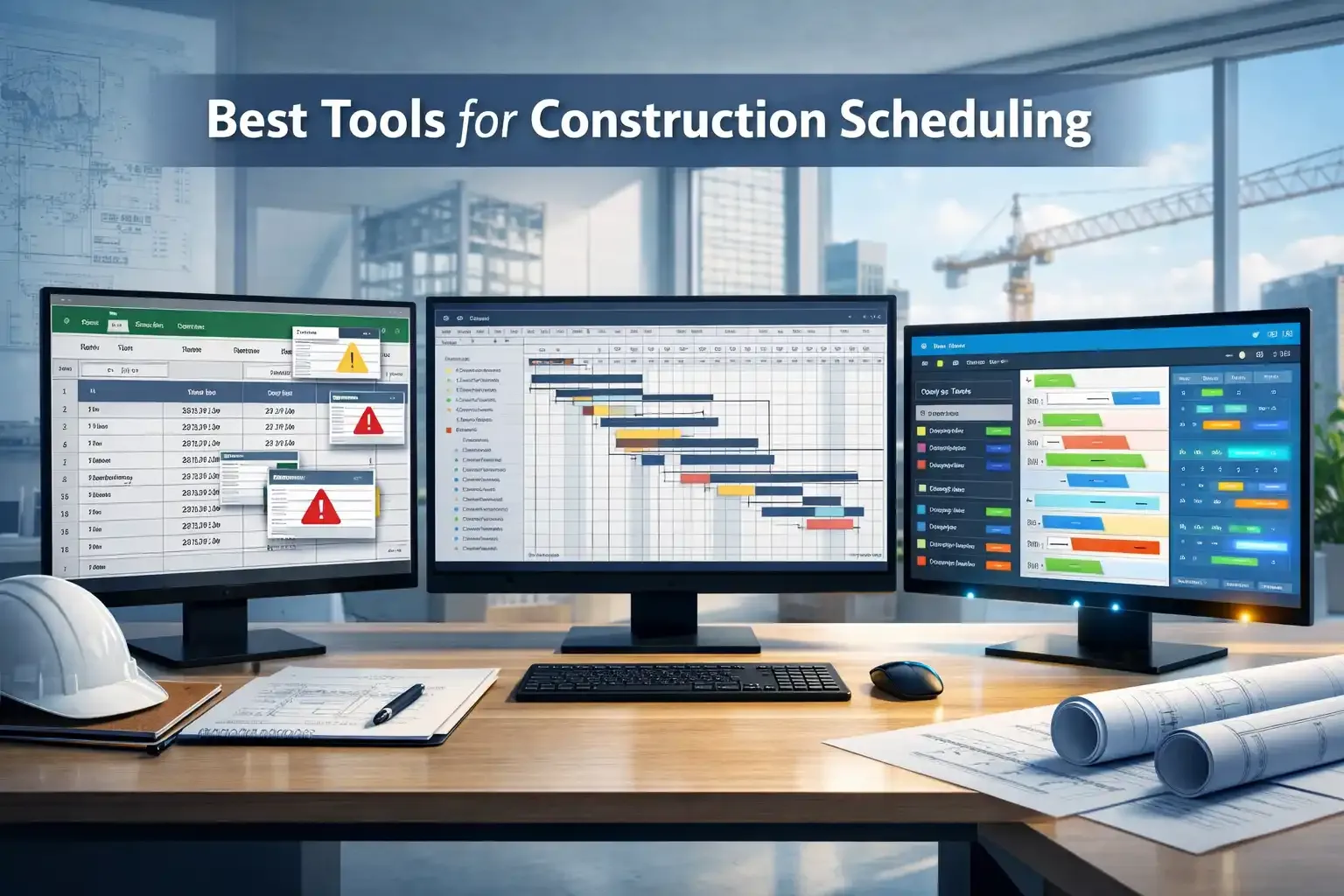 Three screens showing Excel, Gantt chart, and real-time scheduling tool